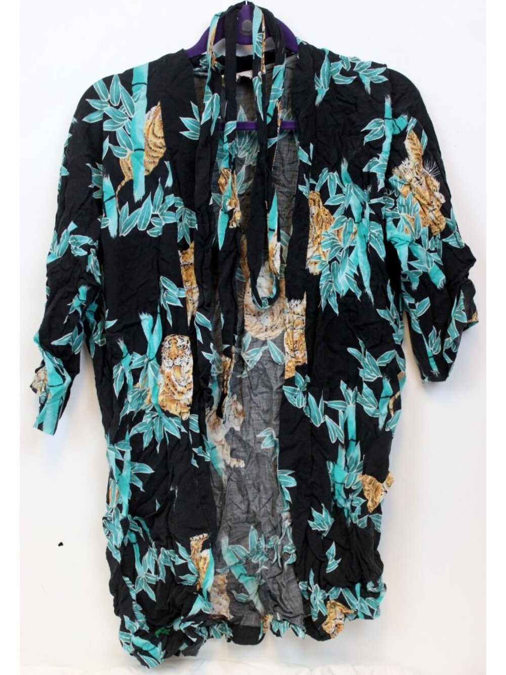 1980sSweethearts Mens Bathrobe Rose Asian Tiger Bamboo Print sz Med Short Belt